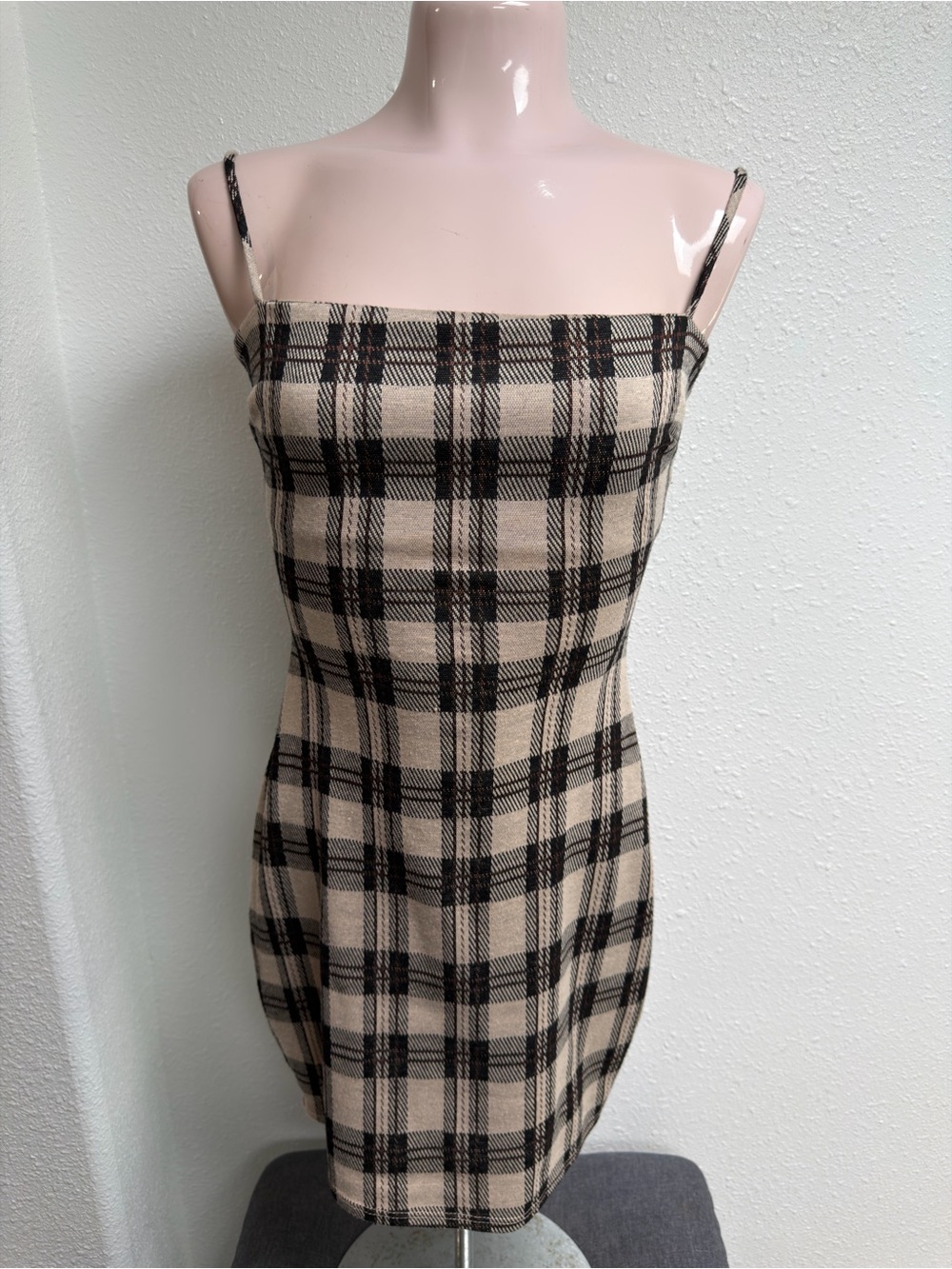 Windsor Beige Black Plaid Bodycon Mini Dress Y2K